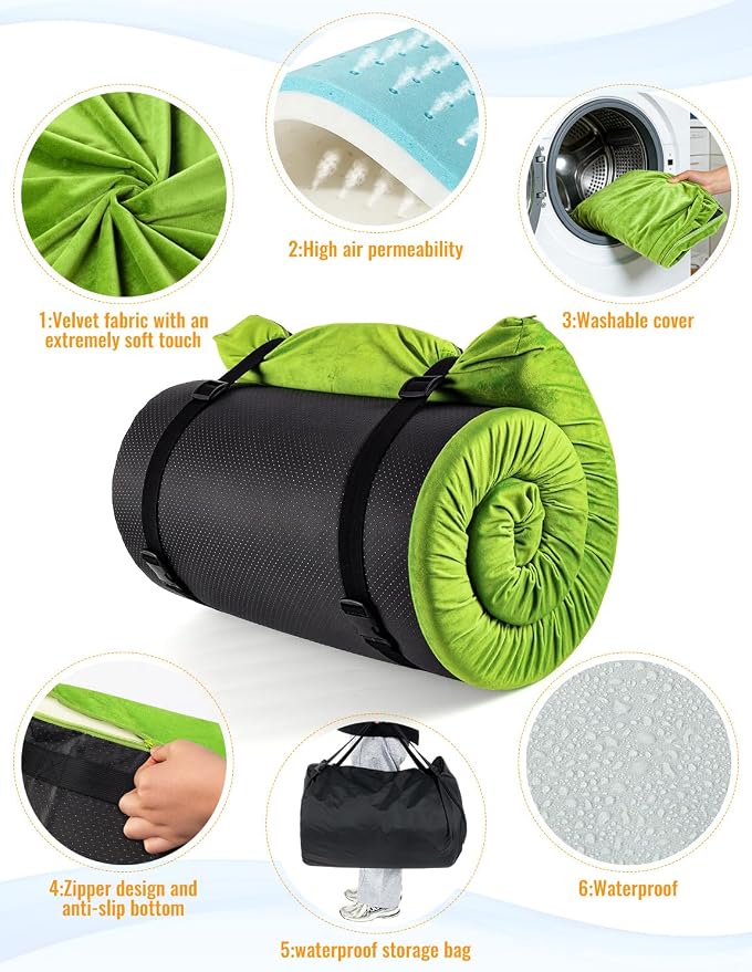 Memory Foam Camping Mattress Pad, Ventilated Breathable Design CertiPUR-US & Oeko-TEX Certified Sleeping Pad Waterproof 3inch Non-Slip Portable Sleeping Camping Mat with Storage Bag for Car Travel