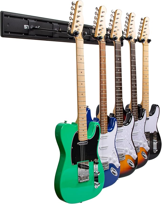 STRICH Guitar Wall Mount Hangers - Holds 5 Guitars, Aluminum Painted Black, Strong Aluminum Metal Stand Rack, Adjustable Display Set, SMH-05W
