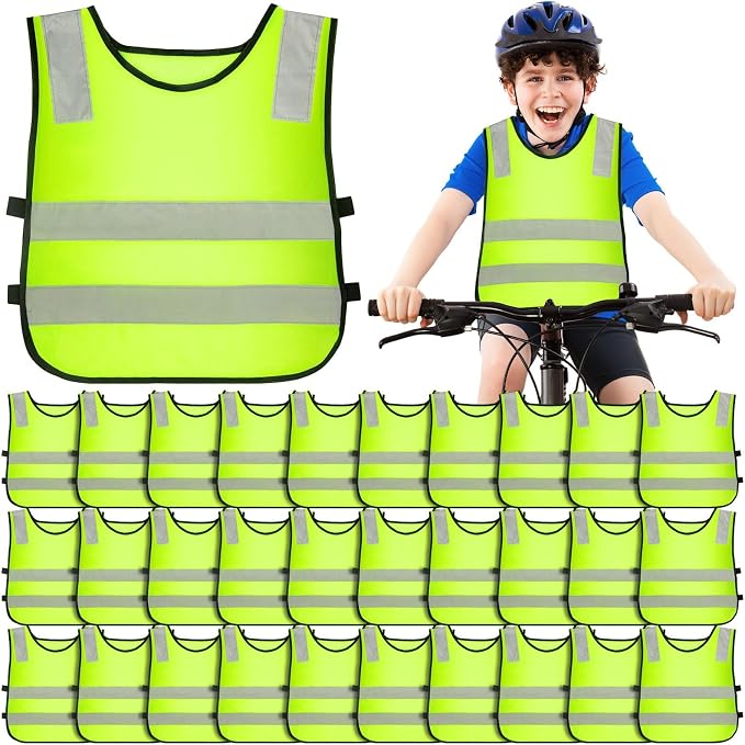 M-Aimee 30 Pcs Hi Vis Vests for Kids Children High Visibility Vest Bulk Reflective Safety High Vis Vest Neon Yellow Traffic Safety Jacket for Students Running Cycling Skiing