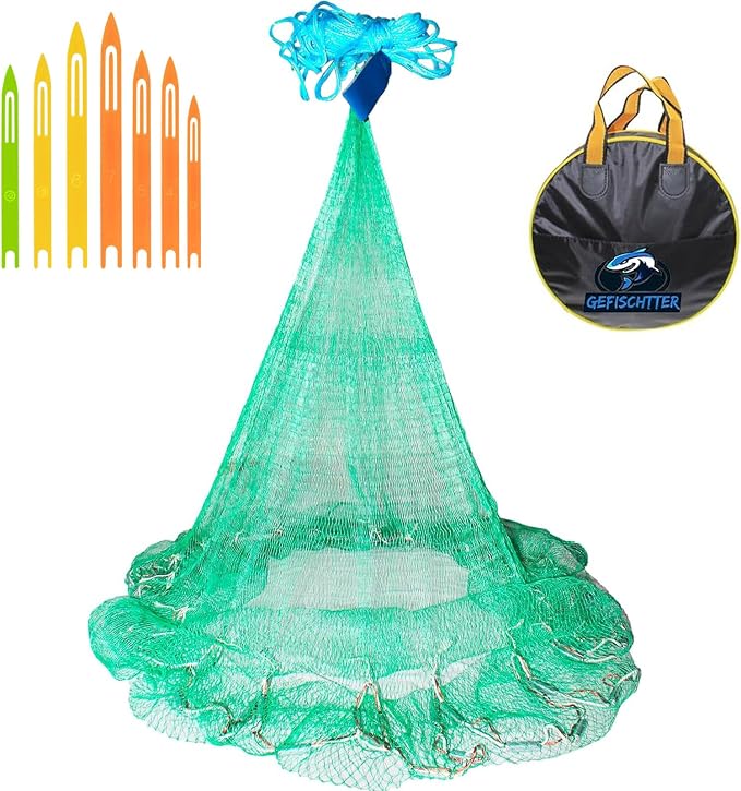 Saltwater Fishing Cast Net Eco-Friendly Rubber Sinker 1/2 Inches Mesh for Bait Shrimp Trap Fish Size 4FT/5FT/6FT/7FT/8FT/9FT/10FT/11FT/12FT Radius