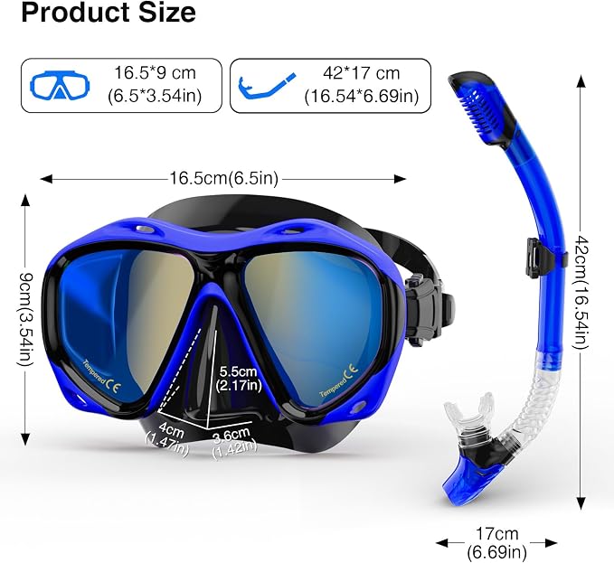 Snorkeling Gear for Adults, Snorkel Mask With Mirrored Tempered Glass Lens 180° Wide View Anti-Fog Scuba Diving Mask, Professional Snorkel Set for Swimming Diving, Gifts for Women Mom Men Dad