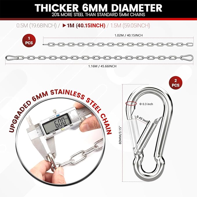 sprookber 1000LB Heavy Duty Hanging Swing Chain, 6mm Thick 304 Stainless Steel Hanging Chain with 2 Carabiners, 45" Hardware Kit for Hammock, Hanging Chair, Punching Bags, Tree, Indoor & Outdoor