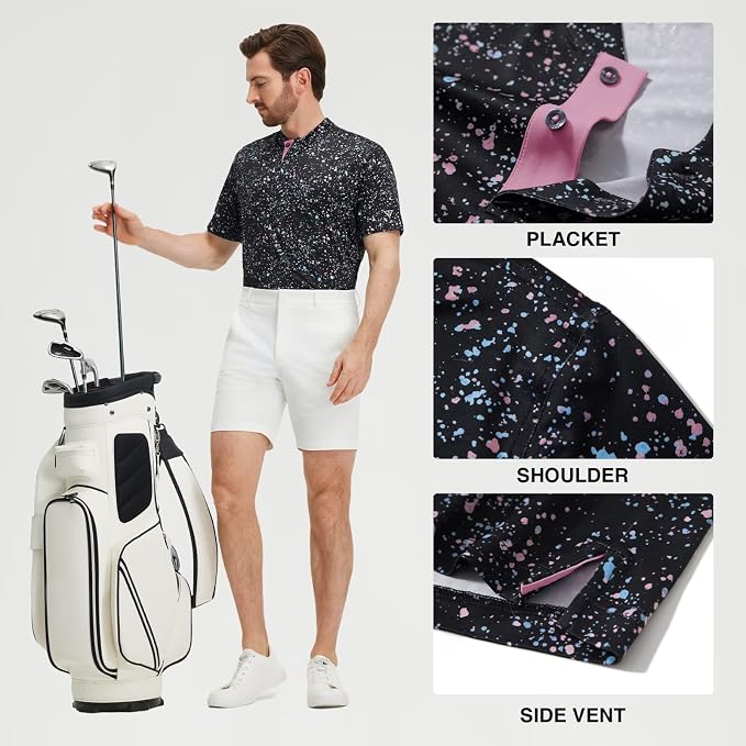 M MAELREG Golf Shirts for Men Collarless Performance Dry Fit Stretch Henley Casual Printed Mens Polo Shirts Short Sleeve