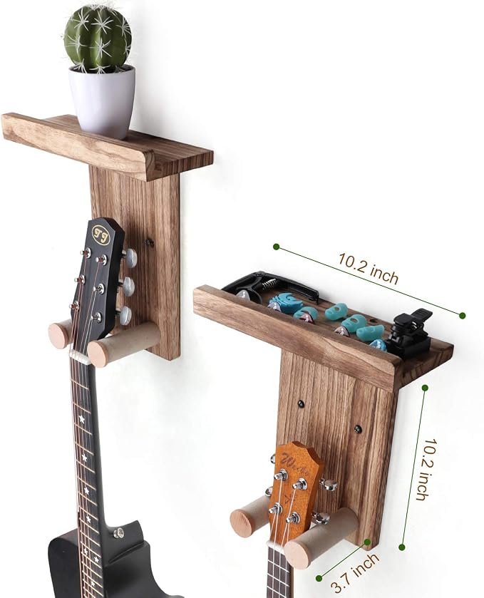 Keebofly Guitar Wall Mount Hanger with Shelf & Pick Holder - 2 Pack Guitar Holder Wall Hook for Acoustic, Electric, Bass Guitars, Ukulele (Screw-Mounted, Brown) [Patented]
