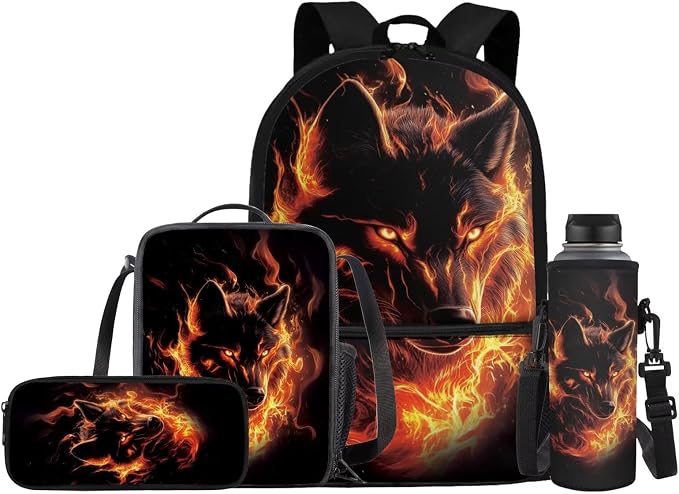 Fire Wolf School Bag Kids School Bag for Boys and Girls Backpack with Lunch Box Pencil Case Water Bottle Holder 4PCS School Accessories