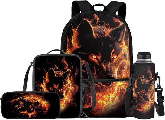 Fire Wolf School Bag Kids School Bag for Boys and Girls Backpack with Lunch Box Pencil Case Water Bottle Holder 4PCS School Accessories