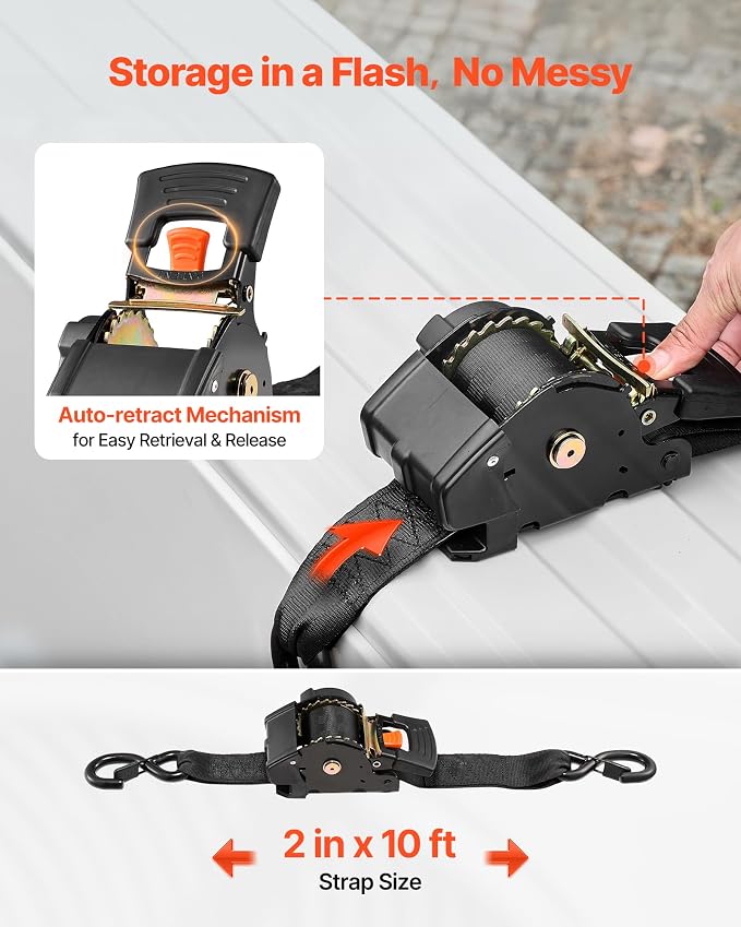 VEVOR Retractable Ratchet Straps, 2 in x 10 ft, Tie Down Straps with S Hooks, 3033 lbs Break Strength, 2 Soft Loops, Tie Down Ratcheting for Moving, Trailers, Motorcycles, Kayaks, Car Roof, 2 Pack