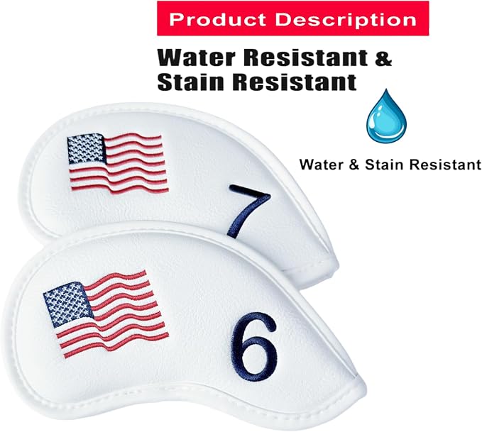 Patriotism US Flag Golf Iron Covers Premium Leather Iron Head Covers Set Headcover 4 5 6 7 8 9 PW SW AW LW Wedge Iron Club Covers fits for Most Brands