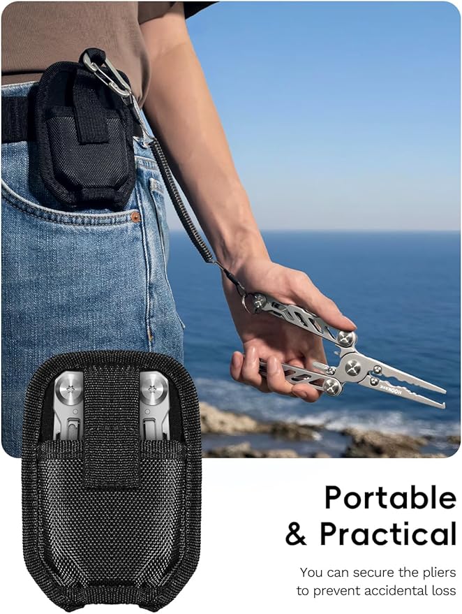 HOOK-EZE Folding Fishing Pliers, 5-in-1 Saltwater Resistant Multitool with Tungsten Line Cutters, Hook Remover, Knife, Screwdriver, Bottle Opener, Sheath & Lanyard for Outdoor, Camping & Fishing