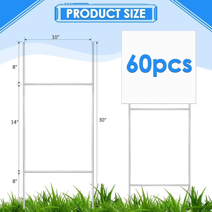 Therwen 60 Pcs H Stakes for Yard Signs 30'' x 10'' Metal Heavy Duty H Frame Wire Stakes Weatherproof Metal Holder for 250 Anniversary USA 4mm 5mm Corrugated Signs Board Guidepost Yard Decor