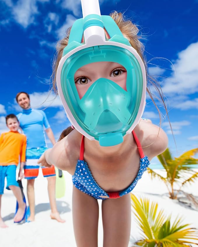 WSTOO Kids Full Face Snorkel Masks,Suitable for Beginners Dry Top Snorkeling Gear,Can Your Mouth or Nose to Breathe,180 Degrees Panoramic View,Anti-Fog Anti-Leak,Summer Travel and Vacationing Gifts