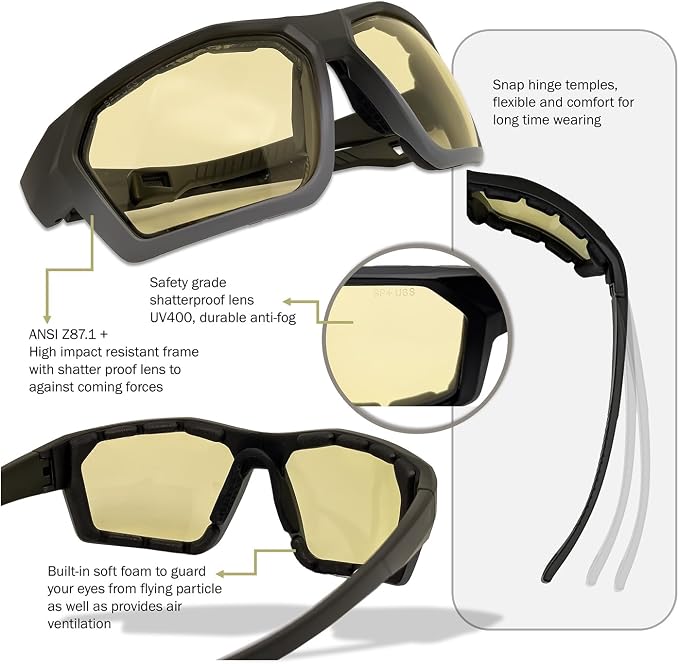 ANSI Z87.1+ Safety Sunglasses, Impact Resistant with EVA Foam, Anti-Fog Windproof for MTB, Cycling, Shooting, Work