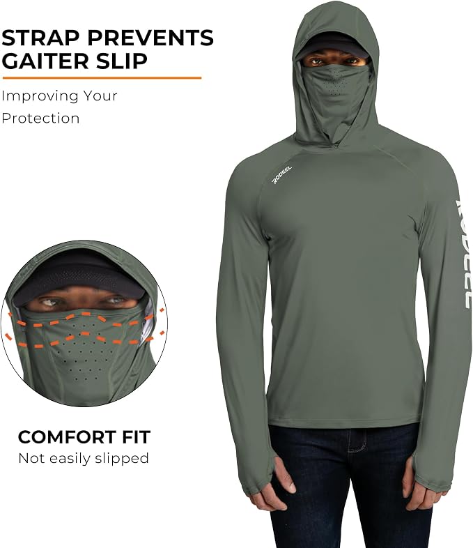 Rodeel Men's UPF 50+ Performance Fishing Hoodie, Long Sleeve Sun Protection Athletic Quick-Dry Breathable T-Shirt