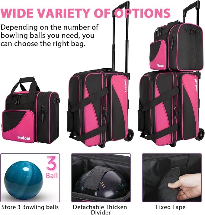 Goloni 3 Ball Bowling Bag with Wheels, 2+1 Double Roller Bowling Bag with Shoe Compartment,Tote Bag for Bowling Accessories