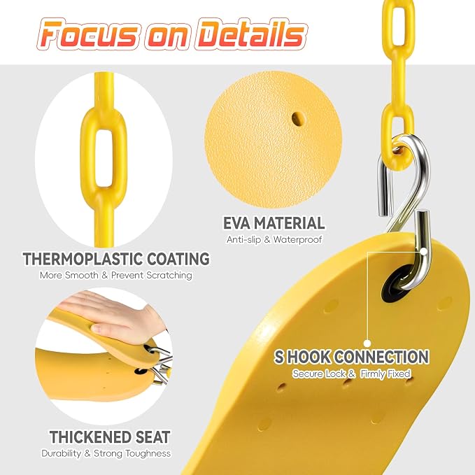 SEKKVY Swing Seats with 66" Heavy Duty Chains, Swing Set Accessories Replacement with Snap Hooks, Toddler Swings Supports 250 lbs for Outdoor Backyard Playground, Indoor Swing for Kids, Yellow 1 Pack