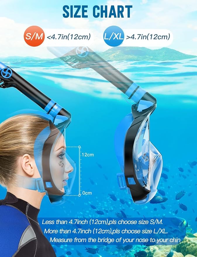 Full Face Snorkel Mask for Adults, 180° Panoramic Anti-Fog Snorkeling Gear with Dry Top System & Camera Mount, Foldable Anti-Leak Design for Travel, Swimming & Ocean Snorkeling