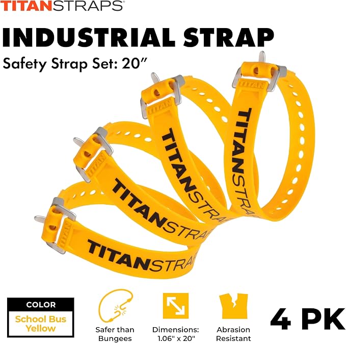 Titan Industrial Straps – Strong & Simple Tie-Downs for Construction (Welders, DIY Home) & 1st Responders – 3 Year Warranty, Batch Tested – 70 lb. Working Load, School Bus Yellow, 4-Pack