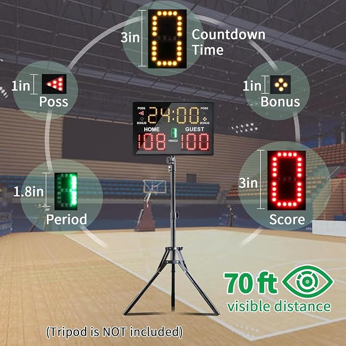 Portable Digital Scoreboard with Remote, LED Electronic Score Keeper, Battery Powered Basketball Score Board, Outdoor Scoreboard for Indoor Outdoor Courts & Sports Events