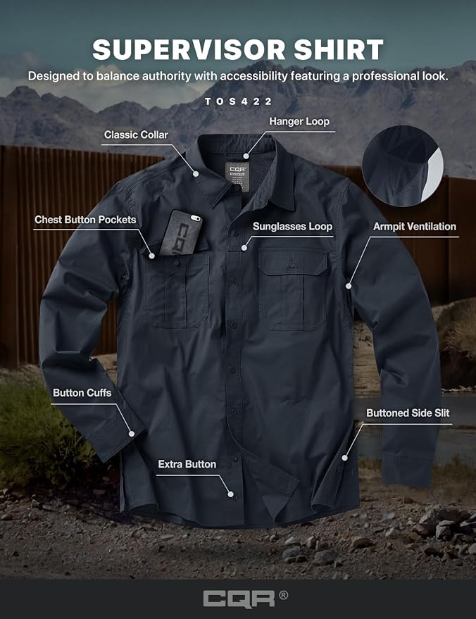 CQR Men's Long Sleeve Tactical Shirts, Ripstop Military Work Shirts, UPF 50+ Breathable Button Down Outdoor Hiking Shirt