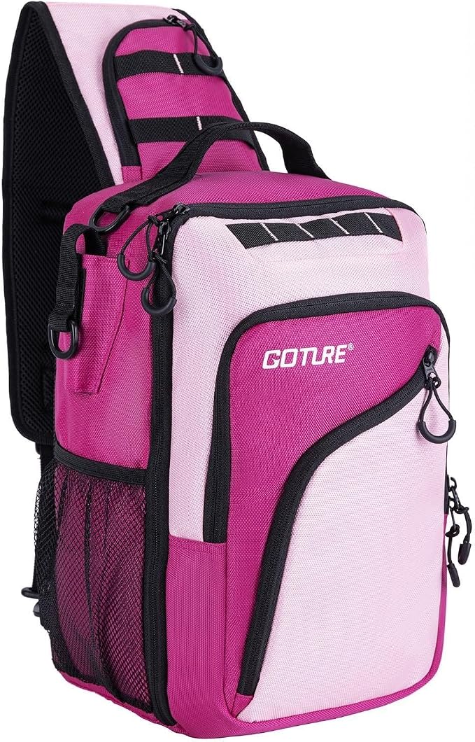 Goture Pink Fishing Tackle Bag, 1680D Water-Resistant Sling Fishing Backpack with Rod Holder, Anti-Slip Waist Strap, Trays not included, Fishing Gifts for Women Girls