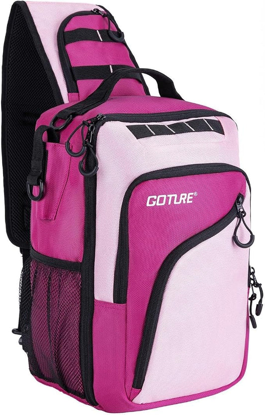 Goture Pink Fishing Tackle Bag, 1680D Water-Resistant Sling Fishing Backpack with Rod Holder, Anti-Slip Waist Strap, Trays not included, Fishing Gifts for Women Girls