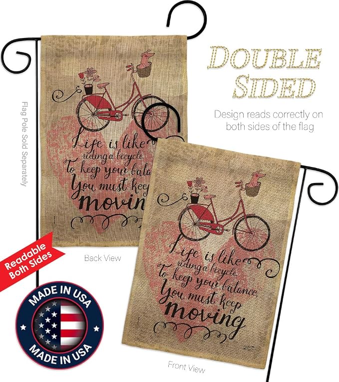 Must Keep Moving Burlap Garden Flag- Set Wall Hanger Sports Cycling Ride Bicycle Bike Velo Entertainment Activity Physical - House Decoration Banner Small Yard Gift Double-Sided Made In USA 13 X 18.5