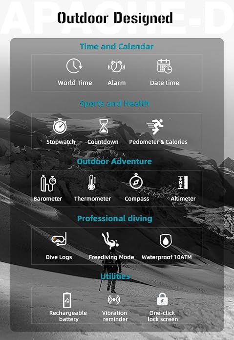 NORTH EDGE Apache-D Freediving Watch for Men, 100M Water Resistant Digital Outdoor Watch with 50M Dive Mode, Compass, Altimeter, Barometer, Thermometer, Pedometer, Rechargeable Hiking Watch