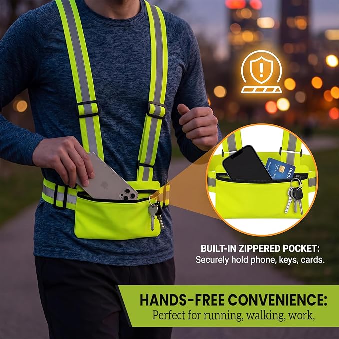 Hercicy 10 Pack Reflective Safety Vest with Zipper Pocket, Adjustable High Visibility Reflective Vest for Adults, Elastic Reflector Straps for Running, Walking, Cycling, Construction, Night Safety