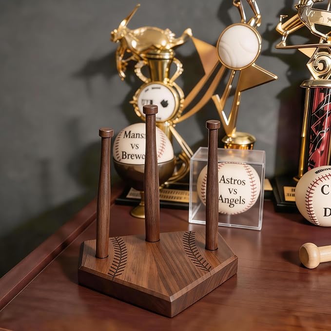 Walnut Wooden Baseball Ring Holder, Softball Championship Ring Organizer Display, Solid Wood Baseball Ring Holder Gift for Boys Girls, Baseball Accessories Storage - Three Poles