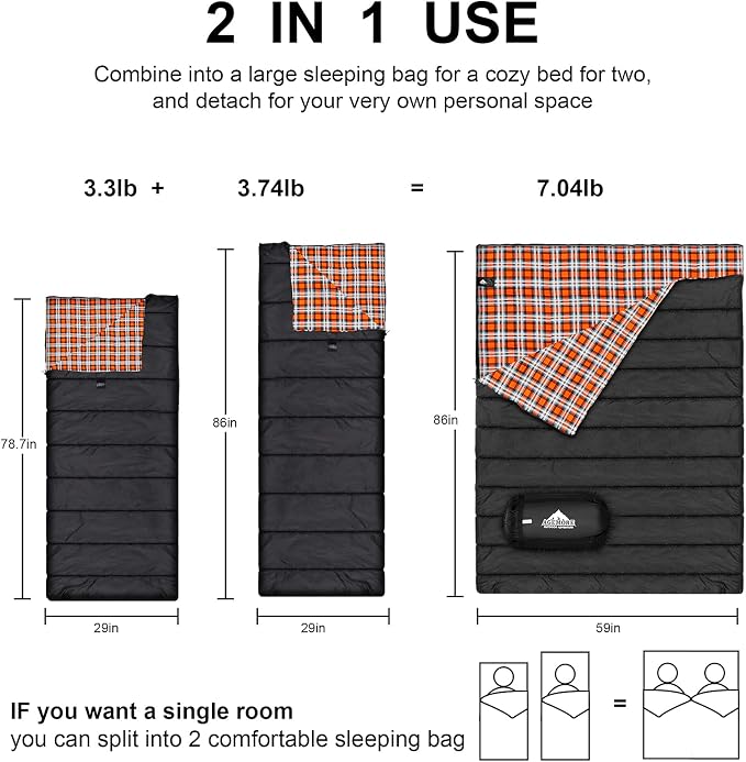 Cotton Flannel Double Sleeping Bag for Camping, Backpacking Or Hiking. Queen Size 2 Person Waterproof Sleeping Bag for Adults Or Teens. Lightweight with Compression Sack
