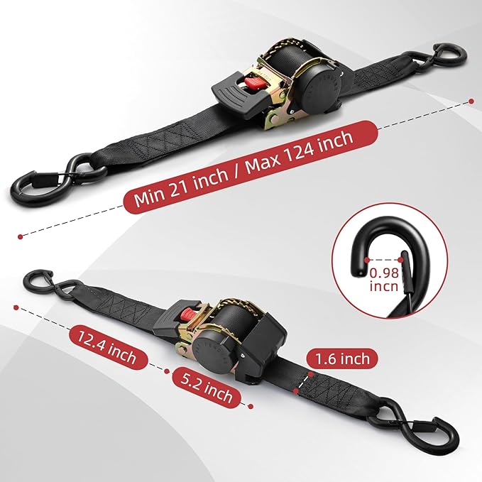 Auto Retractable Ratchet Tie-Down Straps 4500 lbs, 2in × 10ft Ratchet Straps, Heavy Duty S-Hooks, for Cargo, Trucks, Trailers, Blcak, 2 Pack, Damped Rewind