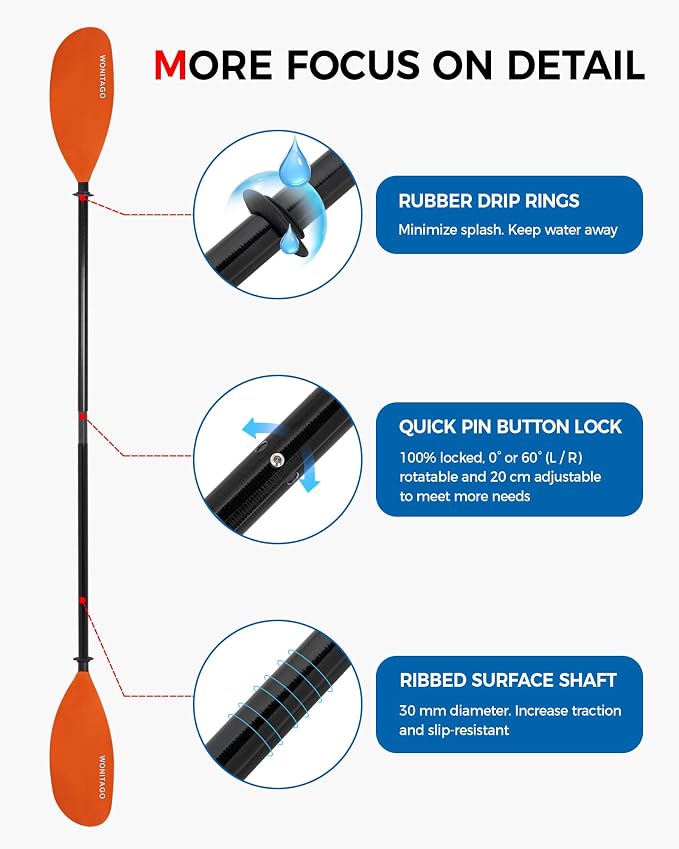 Kayak Paddle with Fiberglass Shaft and Reinforced Nylon Blade, Adjustable Kayaking Oars, 3 Piece, 230-250 cm/90-98 inches, 210-230 cm/82-90 inches