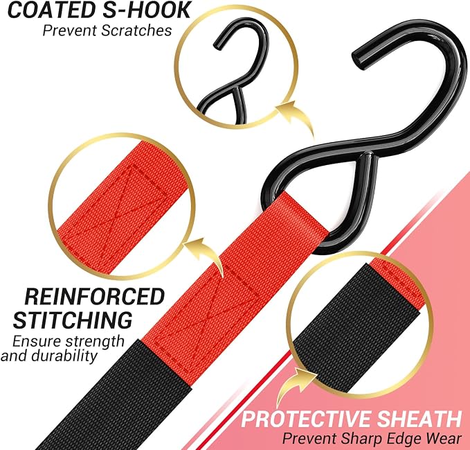 Ratchet Tie Down Strap 8-Pack 15 Ft - 500 lbs Load Cap with 1500 lbs Breaking Limit, Ohuhu Ratchet Tie Downs Logistic Cargo Straps for Moving Appliances, Motorcycle (Red)