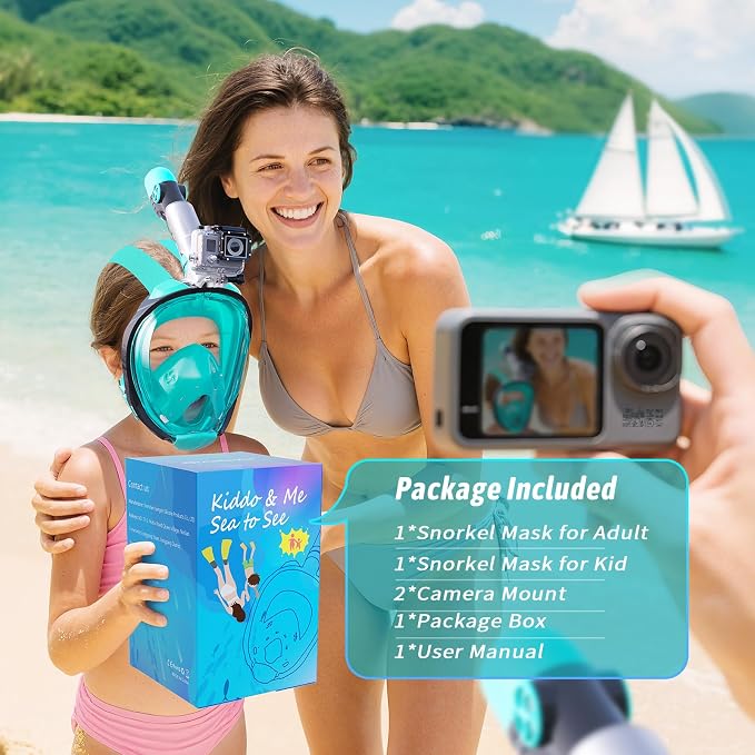 Greatever G2 Adults Kids Full Face Snorkel Mask 2 Pcs,Snorkeling Gear with Latest Dry Top System,Foldable 180 Degree Panoramic View,Safe Breathing,Anti-Leak&Anti-Fog Snorkeling Mask with Camera Mount