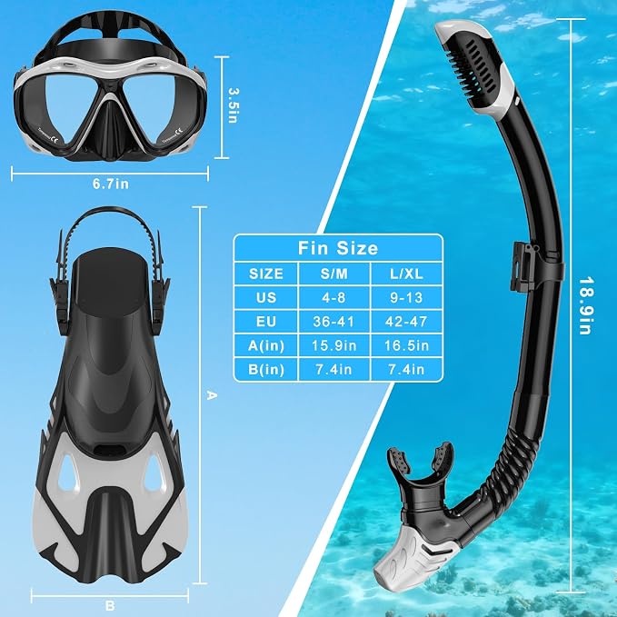 Snorkeling Gear for Adults, Mask Fin Snorkel Set, Dry Top Snorkel Mask, Panoramic View Anti-Leak Anti-Fog 3 in 1 Snorkeling Kit Travel Diving Package with Storage Bag