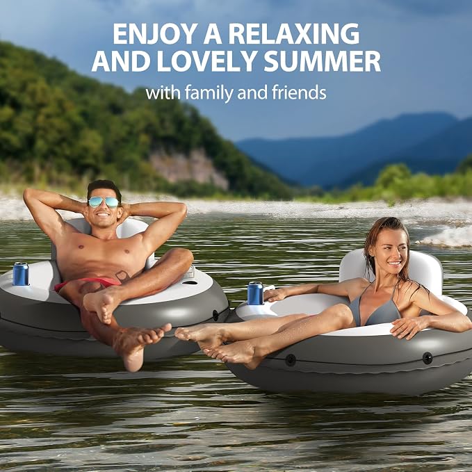 QPAU Inflatable River Tube, 0.4 mm Thickened Puncture-Resistant Heavy Duty River Float, River Raft with Ergonomic Backrest, Mesh Bottom & 2 Cup Holders for Family Friends Lake Float