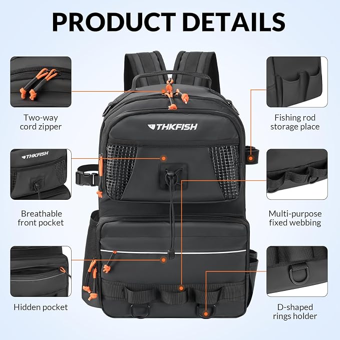 THKFISH Fishing Backpack with Tackle Boxes, 20L Waterproof Tackle Sling Bag with Lures Kit, Fish Lip Gripper, Pliers, Scissors, Fishing Gifts for Men Women