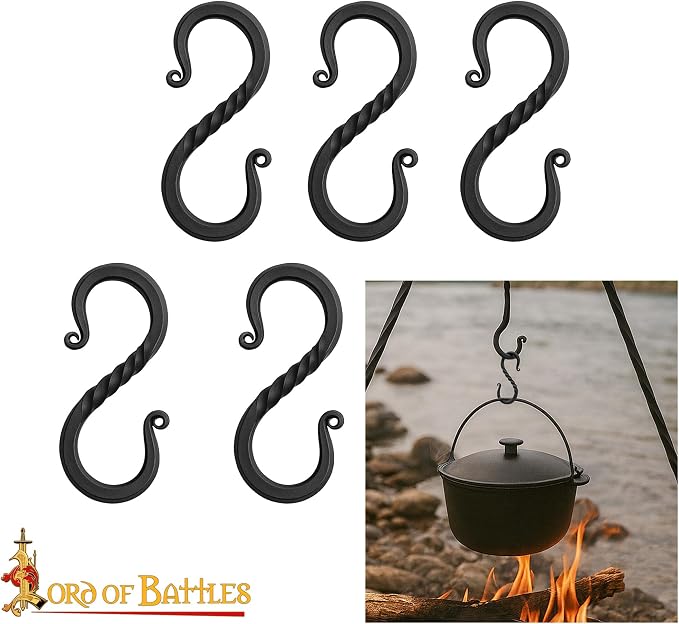 Lord of Battles Twisted Hand Forged Iron S-Hooks Set of 20 - Rustic Black S-Shaped Hanging Hooks for Kitchen Utensils, Pots & Pans, Camping, Garden & Medieval Decor