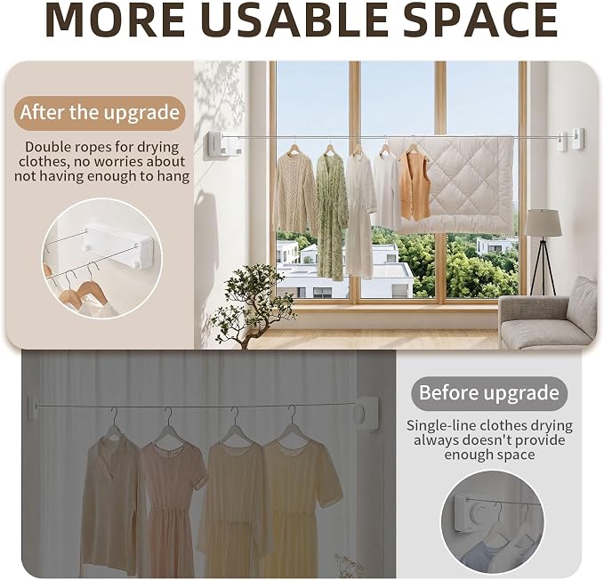 Anti-Sag Retractable Clothesline 40LB Capacity - 201in Stainless Steel Laundry Line for Indoor Outdoor, Wall Mounted Space Saving Easy Install (White, Double Lines)