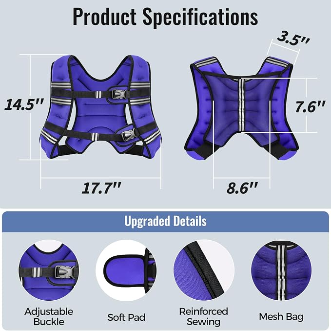 Zeerun Weighted Vest, 6lb/8lb/10lb/12lb/15lb/18lb/20lb/24lb/30lb for Men Women, Reflective Stripe Adjustable Buckle, Comfortable Durable Rucking Vest for Walking Running Strength Training