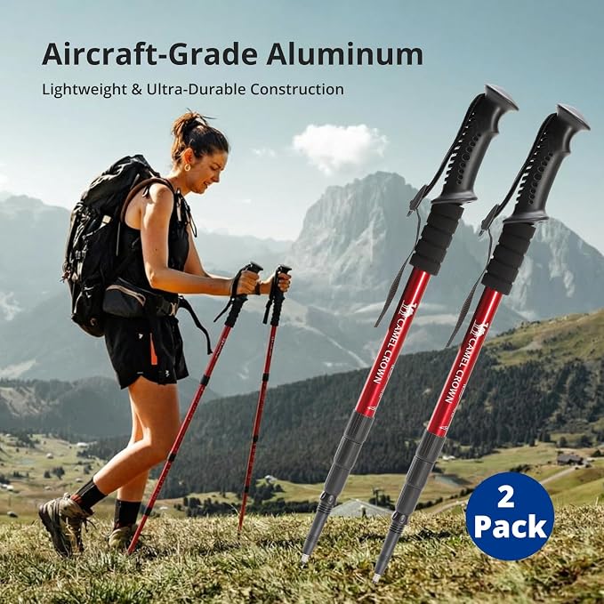 CAMEL CROWN Trekking Poles 2 Pack, Lightweight Hiking Poles for Men Women, 20-43in Adjustable Walking Sticks with Tungsten Carbide Tip & Shock-Absorbing PVC Grip, Backpacking Camping