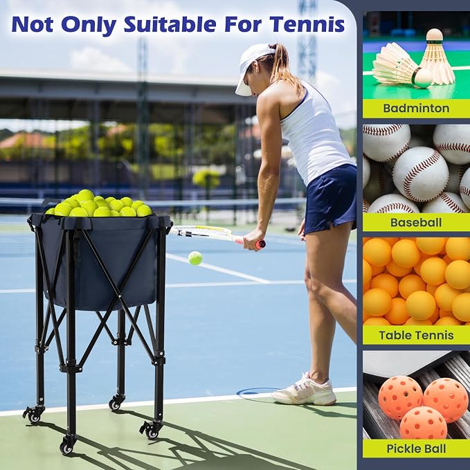 Tennis Ball Hopper Cart with Wheels, Portable Tennis Ball Basket Holds 150 Balls, Collapsible Aluminum Tennis Basket for Balls Pickup, Pro Sports Teaching Cart for Tennis Pickleball Baseball