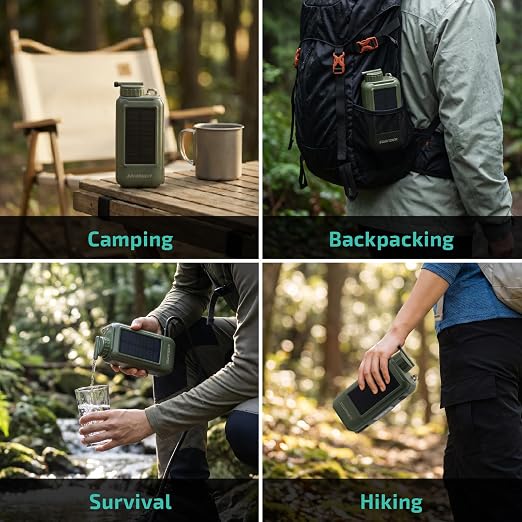 Swonder Portable Electric Water Filter – 0.01 Micron Camping Water Purifier with Solar & 5200mAh Battery, 4-Stage Filtration System for Hiking, Emergency, Survival