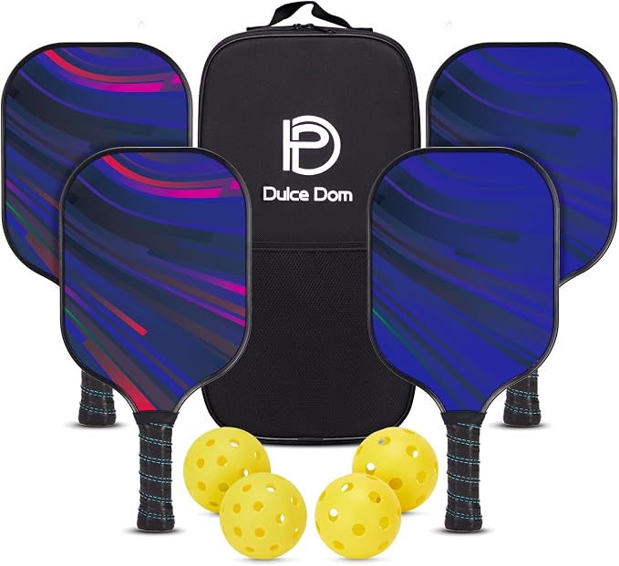 Dulce DOM Pickleball Paddles Set of 2/4 - USAPA Approved, 4 Indoor Outdoor Pickleball Balls, Fiberglass Surface Paddle Racket with Cover Bag, Ideal Training Equipment Gift for Men & Women