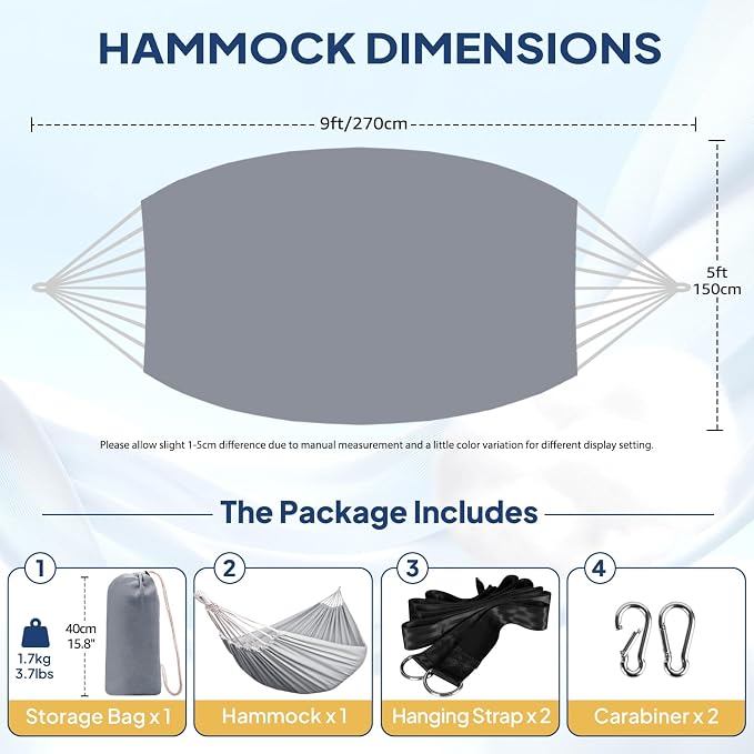 ANYOO Cotton Hammock Portable Camping Hammocks for Hanging Sturdy Garden Comfortable Fabric Hammock with Tree Straps Up to 660lbs with Travel Bag for Camping Outdoor/Indoor Patio Backyard