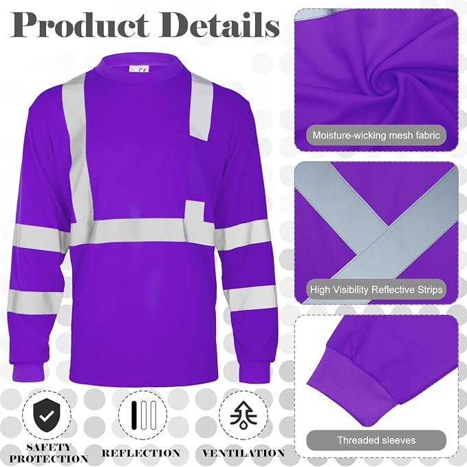 Amylove 4 Pcs Women Long Sleeve Safety Shirt High Visibility Shirts Reflective Construction Work Shirts for Women(M,Purple)