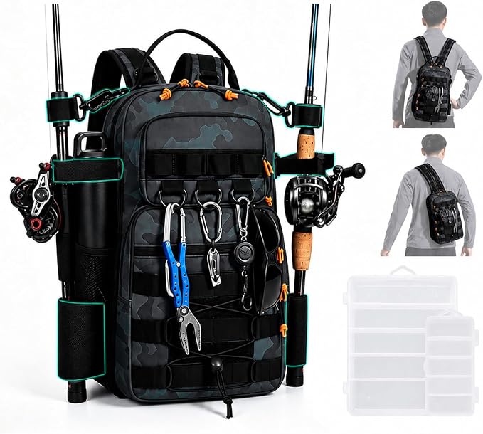 2 in 1 Compact Tactical Fishing Backpack with Tackle Boxes, Lightweight Waterproof Tackle Bag Fit 2 * 3600 Tackle Boxes, 2 Rod Holders Storage, Fishing Accessories Gift for Men Green