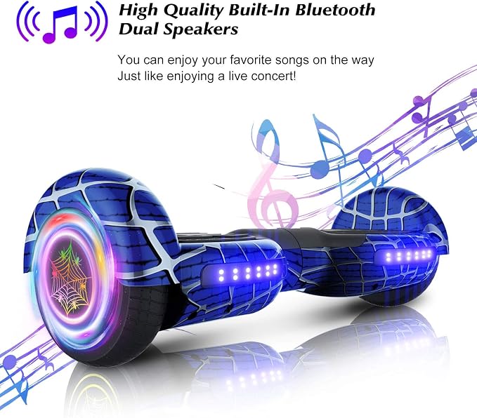 Spider-Pattern Hover Board for Kids Ages 6-12, with Bluetooth Speaker and LED Lights 6.5" Hover Board, UL2272 Safety Certified (Blue)
