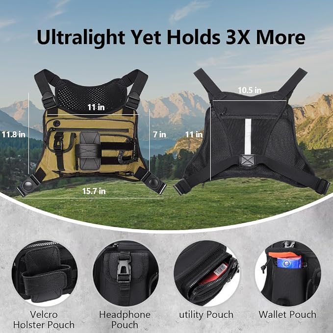 Outdoor Sports Chest pack for men with Gloves, EDC Chest bag for Travel, Lightweight Chest Rig Pouch, Tactical Running Chest Vest for Hiking, Cycling, Fitness, Motorcycle Riding, Workouts