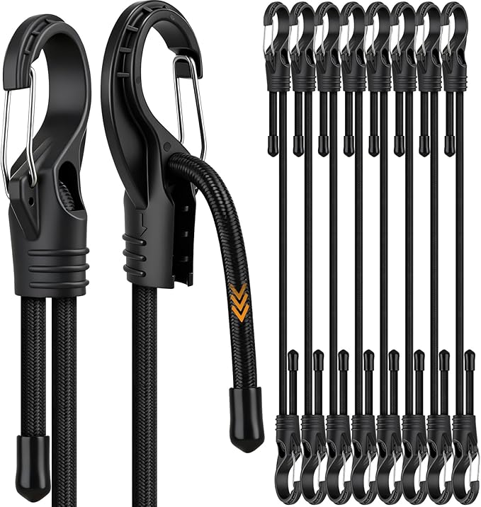 8-Piece 24-inch Adjustable Bungee Cords with Hooks, Heavy Duty Outdoor Carabiner Bungee Straps, Easily Adjust from 7" to 24", Black Super Elastic Cord for Cargo, Camping, Bike Racks, Tents